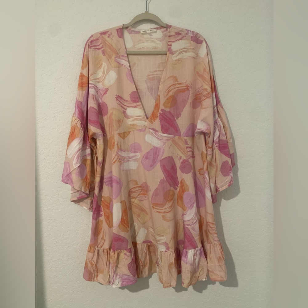 Label Of Love V-Neck Ruffle Bell Sleeve Mini Tunic Dress Short Boho Fairy Large - Picture 2 of 6